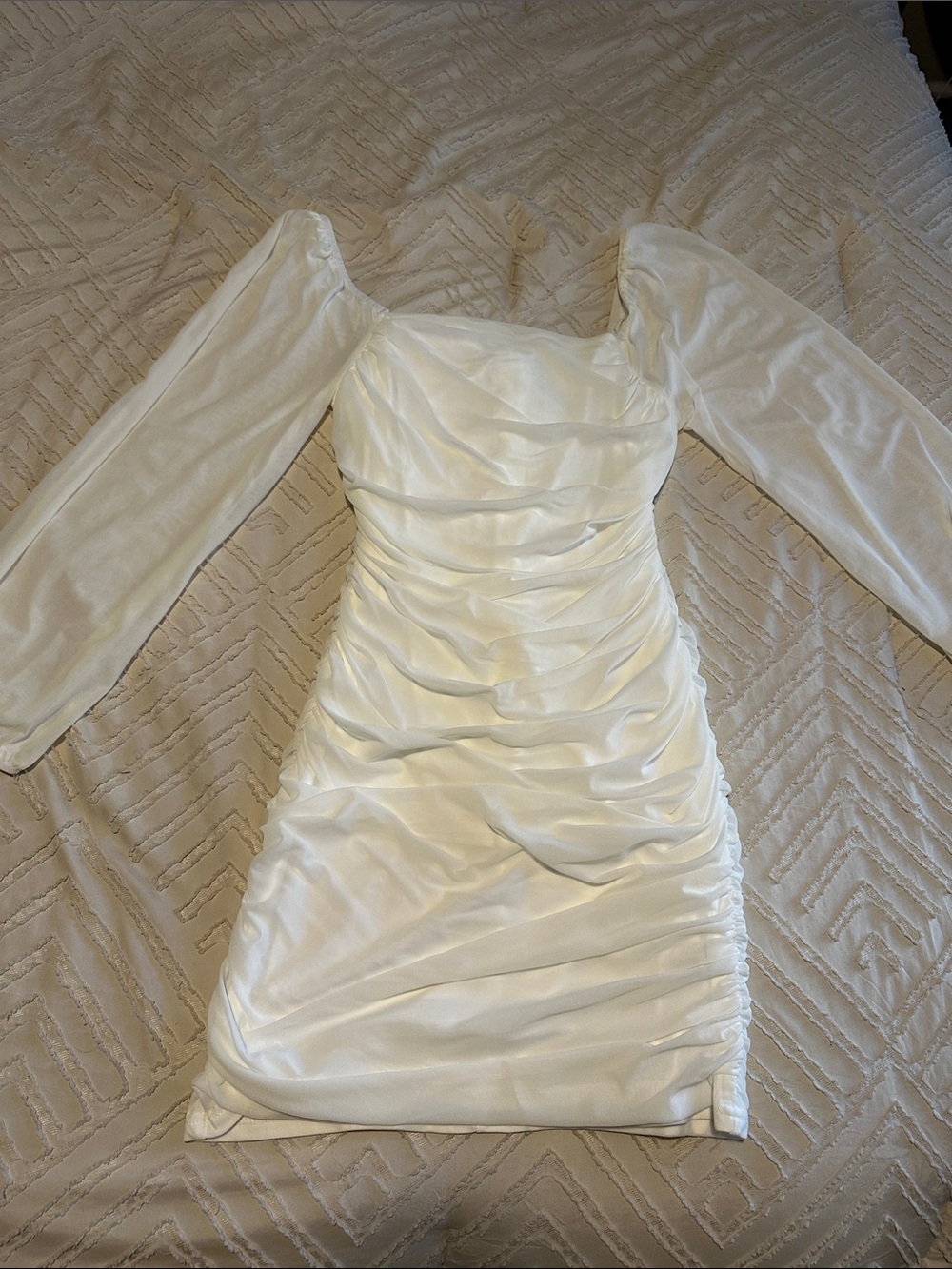 White Ruched Satin Long-Sleeve Mini Dress
